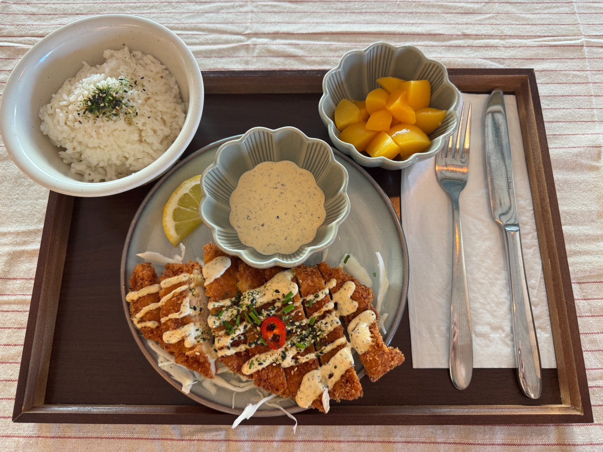 Chicken Katsu, crispy fried chicken served with rice and toki-sauce, Yum!